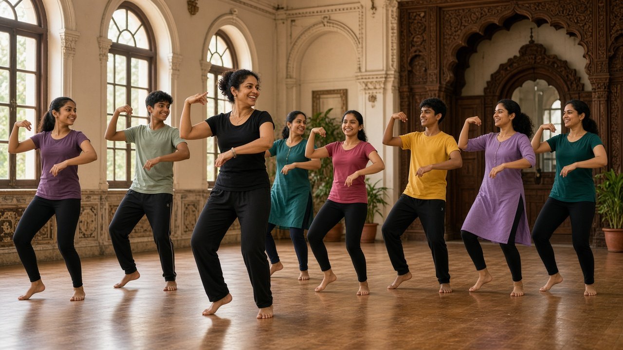 A dance instructor leading an Indian adult and teenage class in a heritage-style dance studio