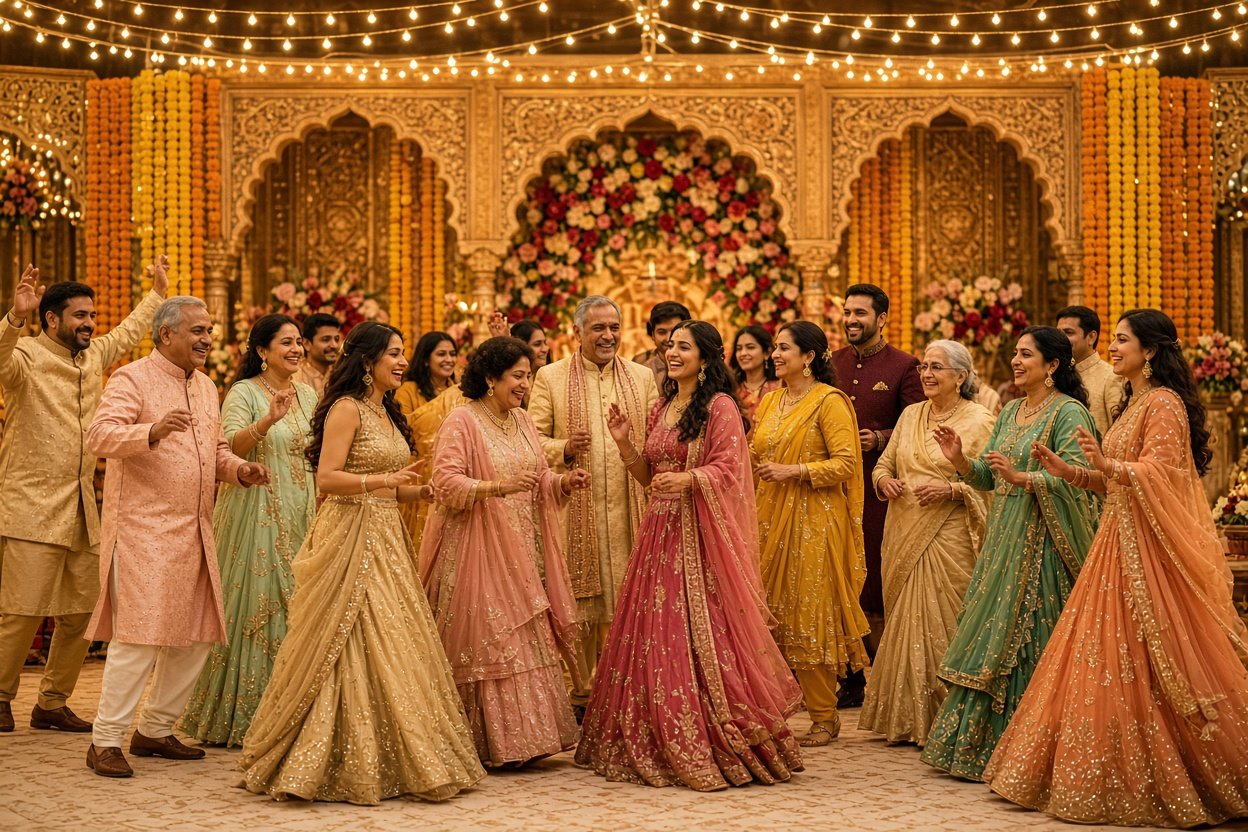 An Indian family group dancing together at a sangeet celebration framed by marigold garlands and Rajasthani arches