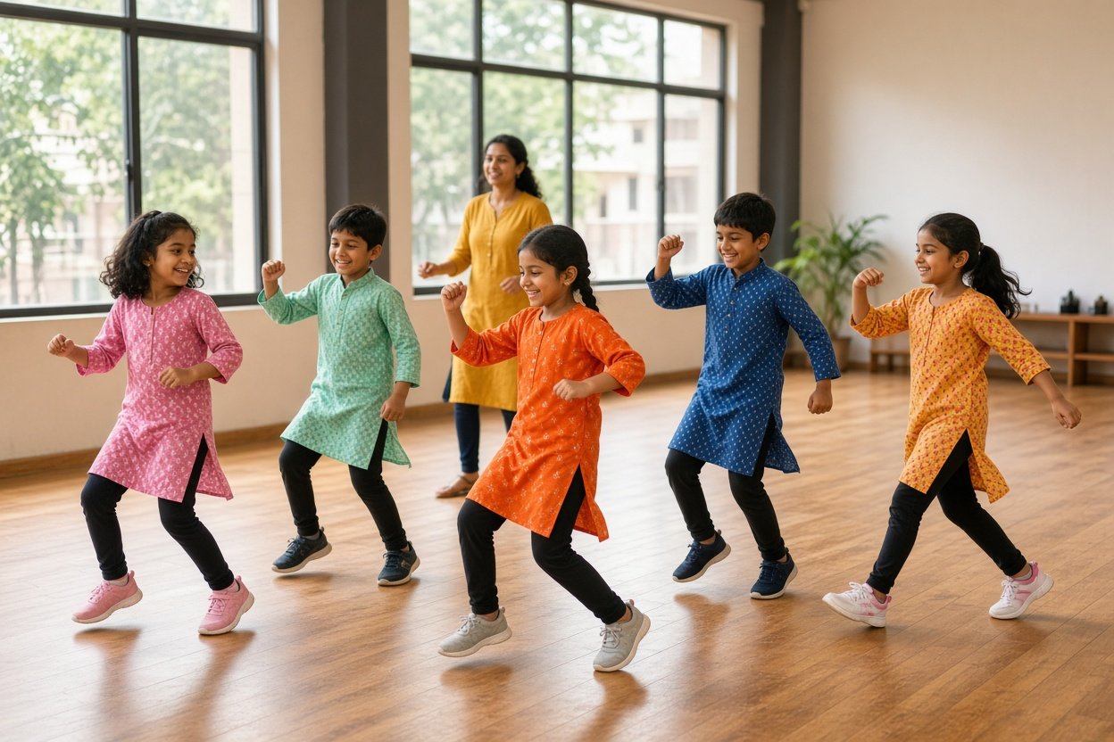 Indian children practising dance moves with an instructor in a bright studio